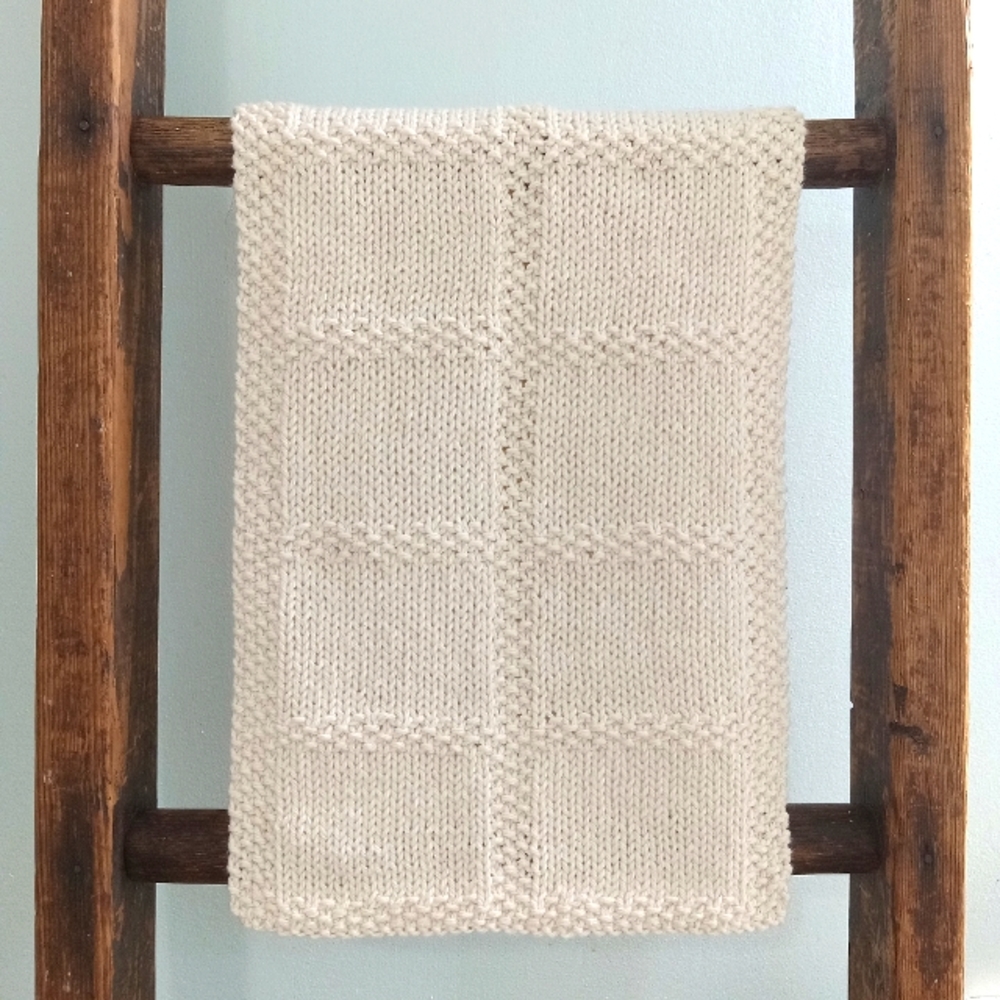 Handmade Handknit Cotton Ecru Textured Windowpane Pattern Hand Towel